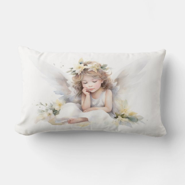 Watercolor Angel Girl With Flowers Lumbar Cushion (Front)