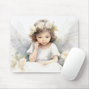 Watercolor Angel Girl With Flowers Mouse Mat