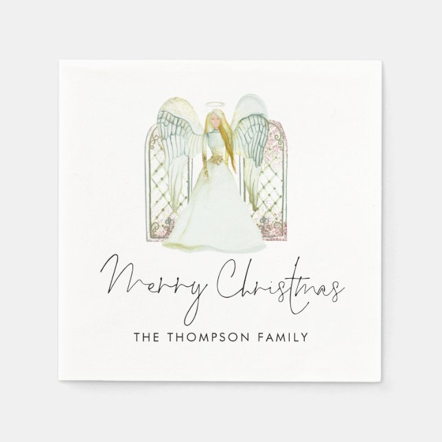 Watercolor Angel Merry Christmas Script  Napkin (Front)