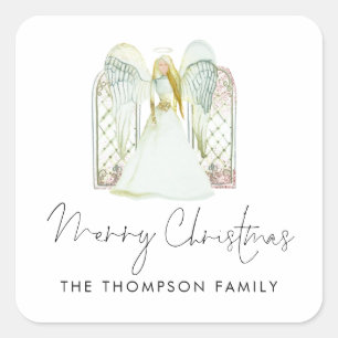 Watercolor Angel Merry Christmas Script  Square Sticker