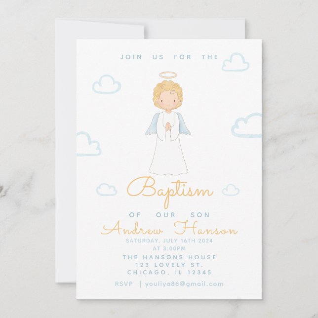 Watercolor Angel Religious Baptism  Blue Invitation (Front)
