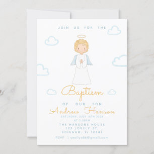 Watercolor Angel Religious Baptism Blue Invitation