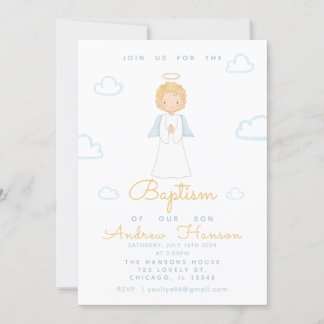 Watercolor Angel Religious Baptism  Blue Invitation