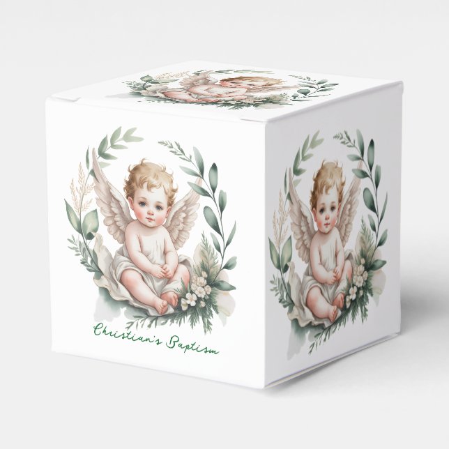 Watercolor Angel Wings Baptism Green Favour Box (Front Side)