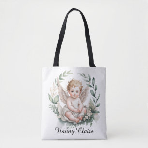 Watercolor Angel Wings Baptism Green Godparents Tote Bag