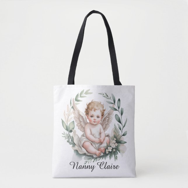 Watercolor Angel Wings Baptism Green Godparents Tote Bag (Front)