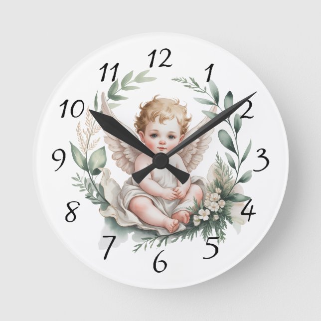 Watercolor Angel Wings Baptism Green Round Clock (Front)