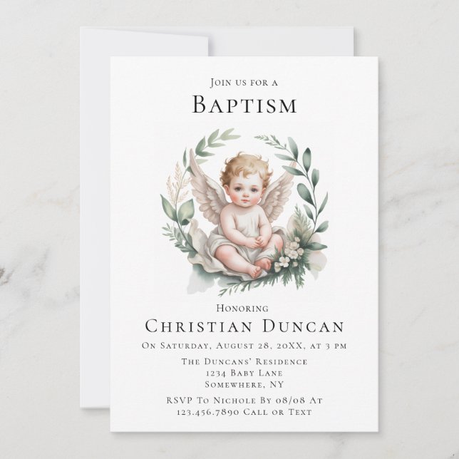 Watercolor Angel Wings Baptism  Invitation (Front)