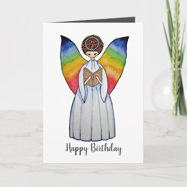 Watercolor Angel With Rainbow Wings Reading A Book Card (Front)