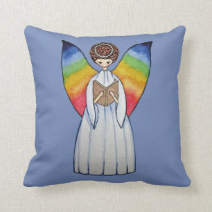 Watercolor Angel With Rainbow Wings Reading A Book Cushion