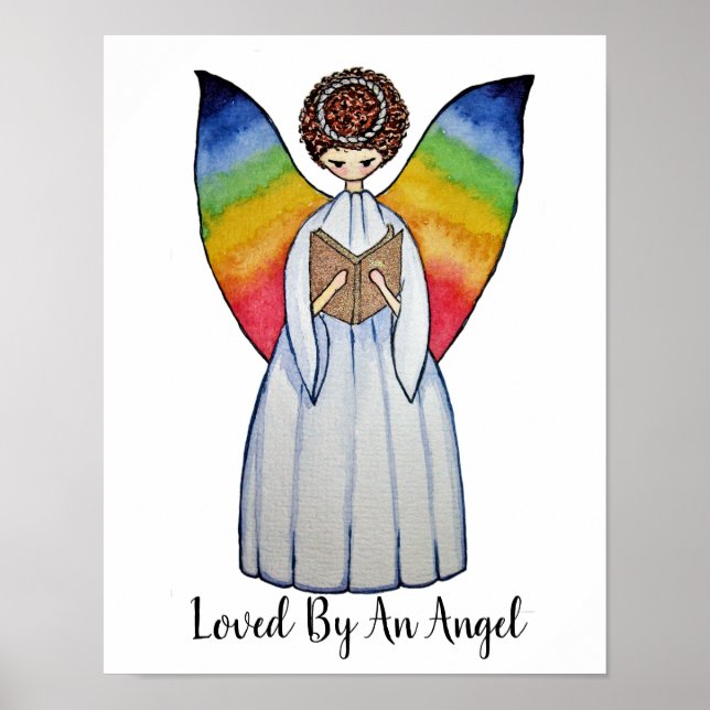 Watercolor Angel With Rainbow Wings Reading A Book Poster (Front)