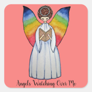 Watercolor Angel With Rainbow Wings Reading A Book Square Sticker