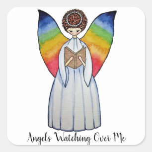Watercolor Angel With Rainbow Wings Reading A Book Square Sticker