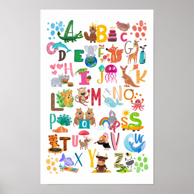 Watercolor Animal Alphabet Adorable Educational Poster (Front)