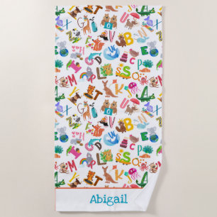 Watercolor Animal Alphabet Adorable Kids Beach Towel