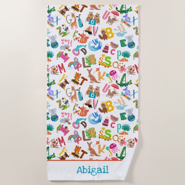 Watercolor Animal Alphabet Adorable Kids Beach Towel (Front)