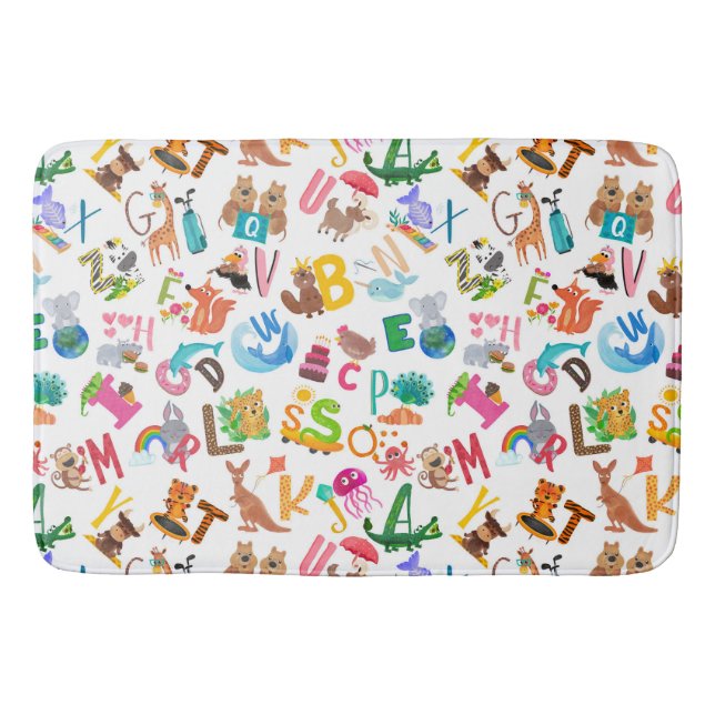 Watercolor Animal Alphabet Cute Kids Bath Mat (Front)