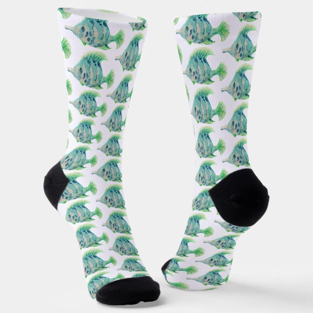 Watercolor Animal Art Blue Tropical Fish Socks (Angled)