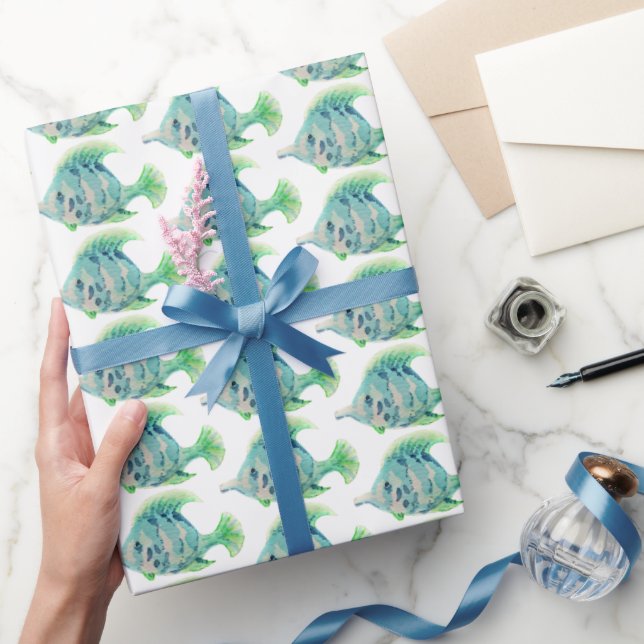 Watercolor Animal Art Blue Tropical Fish Wrapping Paper (Gifting)