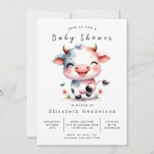  Watercolor Animal Happy Cow Baby Shower Invitation