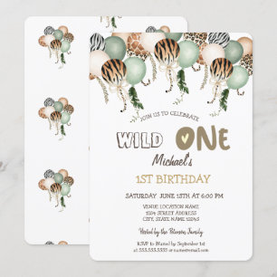 Watercolor Animal Print Balloons 1st Birthday Invitation