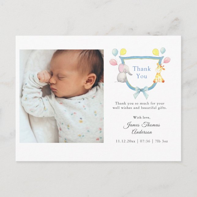 Watercolor Animals Baby birth announcement Postcard (Front)