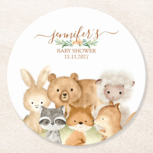 Watercolor Animals Baby Shower Rustic Round Paper Coaster