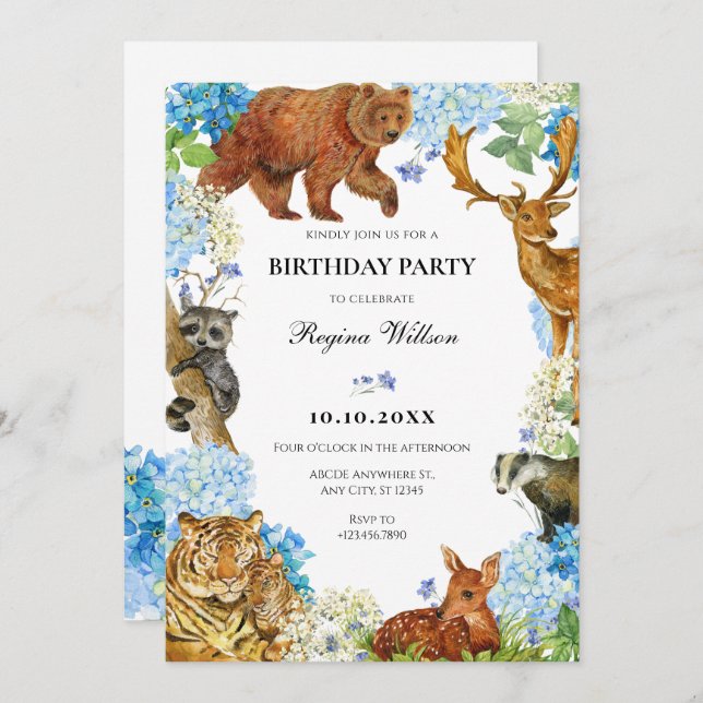 Watercolor Animals Floral wildlife  Invitation (Front/Back)