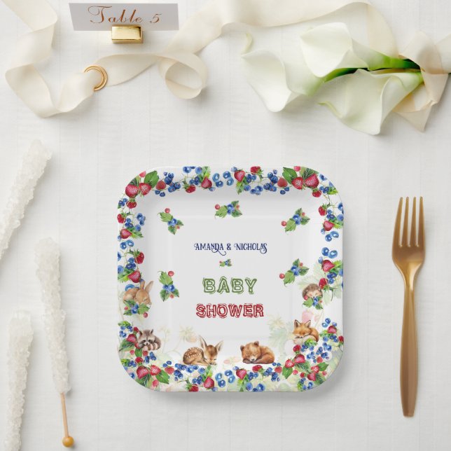 Watercolor Animals Greenery Berry Baby Shower Paper Plate (Wedding)