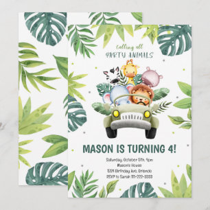 Watercolor Animals Safari Car Birthday Invitation