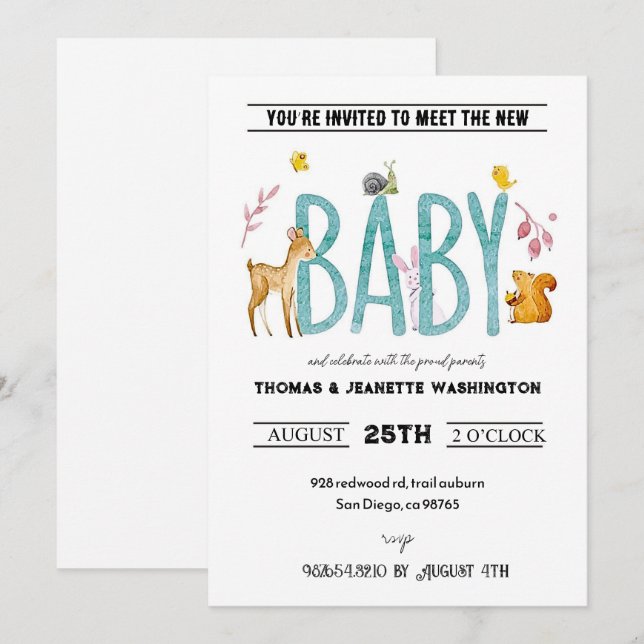 Watercolor animals - sip & see meet and greet invitation (Front/Back)