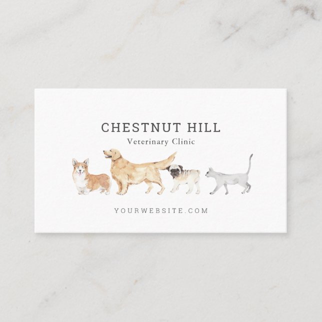 Watercolor Animals Veterinary Animal Clinic Business Card (Front)
