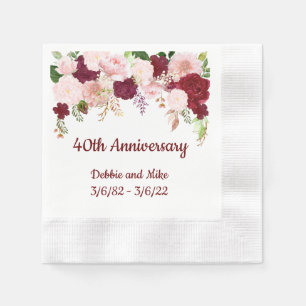 Watercolor Anniversary Flower Drop Rose Burgundy Napkin