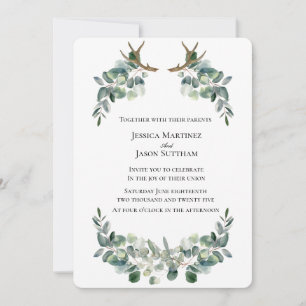 Watercolor Antler & Eucalyptus Viking Wedding Invitation
