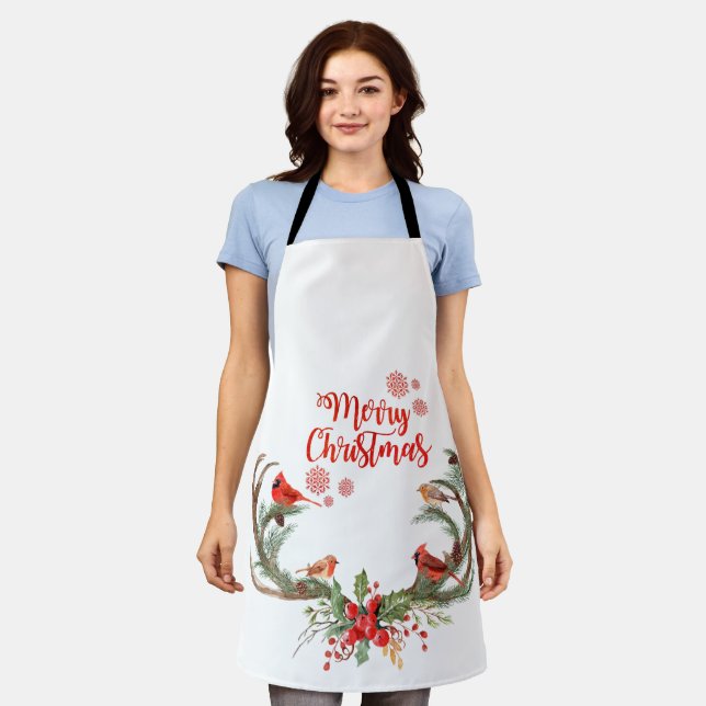 Watercolor Antler Reindeer Cardinal Christmas  Apron (Worn)