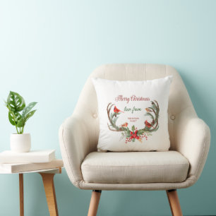 Watercolor Antler Reindeer Cardinal Christmas Cushion