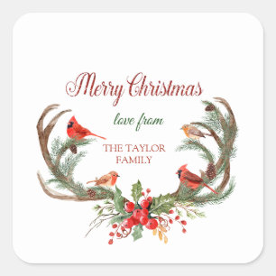 Watercolor Antler Reindeer Cardinal Christmas Square Sticker
