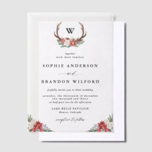 Watercolor Antler Wreath Monogram Holiday Wedding Vellum Invitations