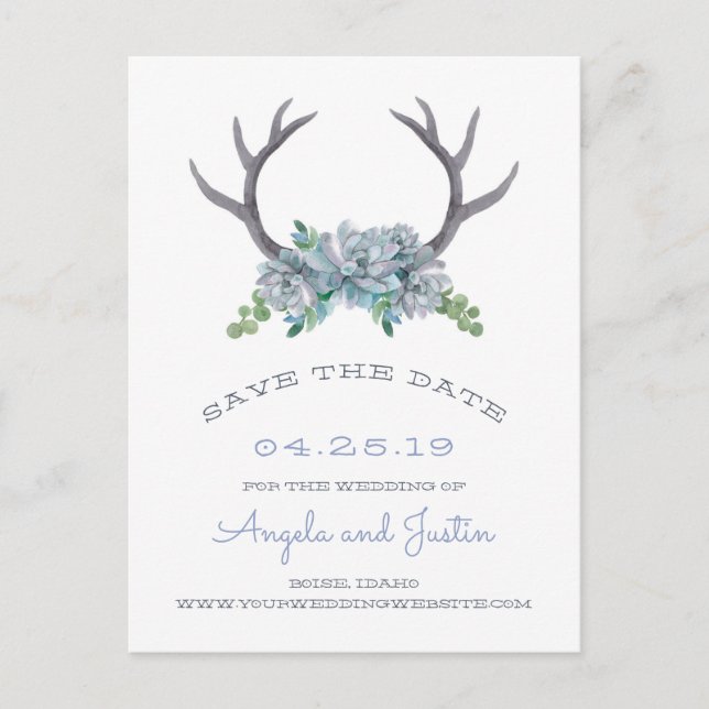 Watercolor Antlers and Echeveria Country Wedding Announcement Postcard (Front)