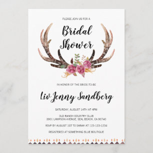 Watercolor Antlers Bohemian Country Bridal Shower Invitation