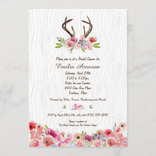 Watercolor Antlers Flowers Faux Bois Bridal Shower Invitation