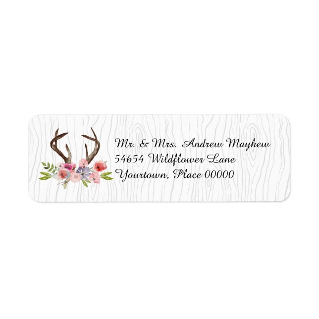 Watercolor Antlers Wildflowers Faux Bois Address (Front)