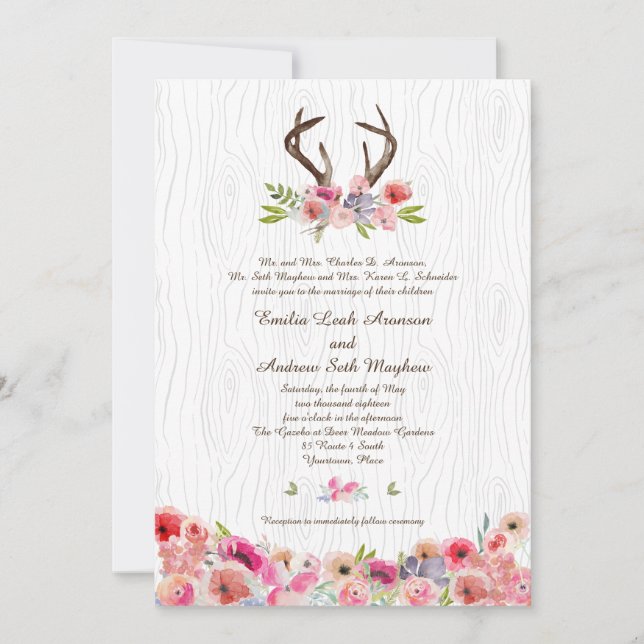 Watercolor Antlers Wildflowers Faux Bois Wedding Invitation (Front)