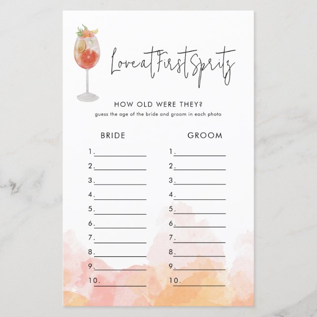 Watercolor Aperol Spritz Bridal Shower Game (Front)