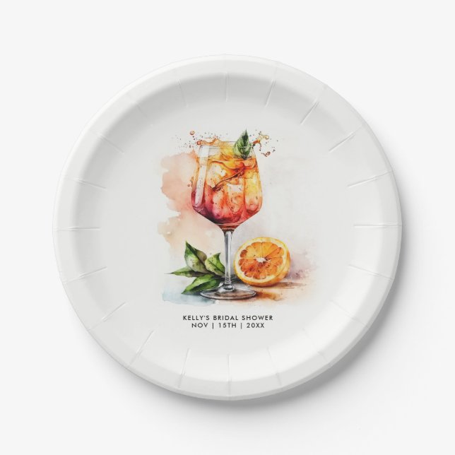 Watercolor Aperol Spritz Bridal Shower Paper Plate (Front)