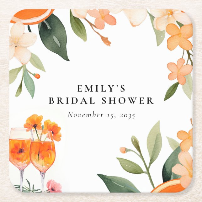 Watercolor Aperol Spritz Bridal Shower Square Paper Coaster (Front)