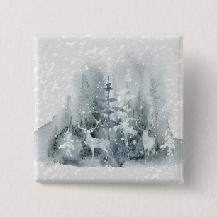 Watercolor, apparel, woodland, deer, snow, trees 15 cm square badge