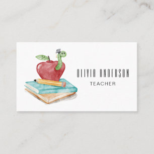 Watercolor Apple And Caterpillar Modern Teacher Business Card