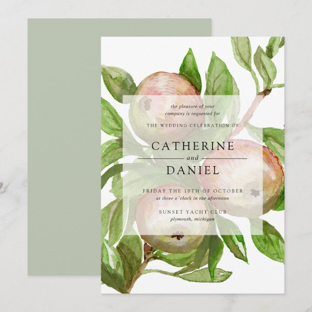 Watercolor apple branch wedding invitation (Front/Back)
