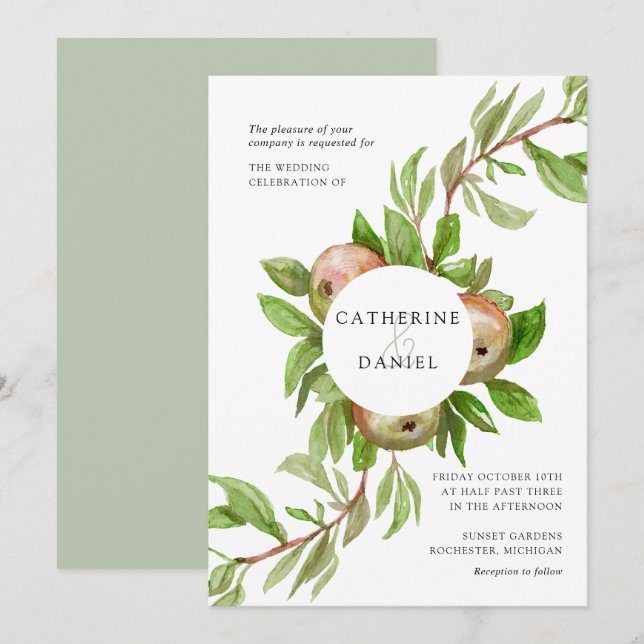 Watercolor apple branch wedding invitation (Front/Back)